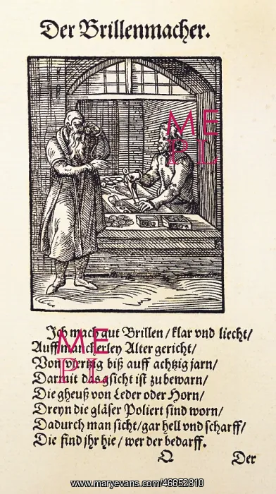 : professions, maker of glasses, woodcut by Jost : professions, maker of glasses, woodcut by Jost