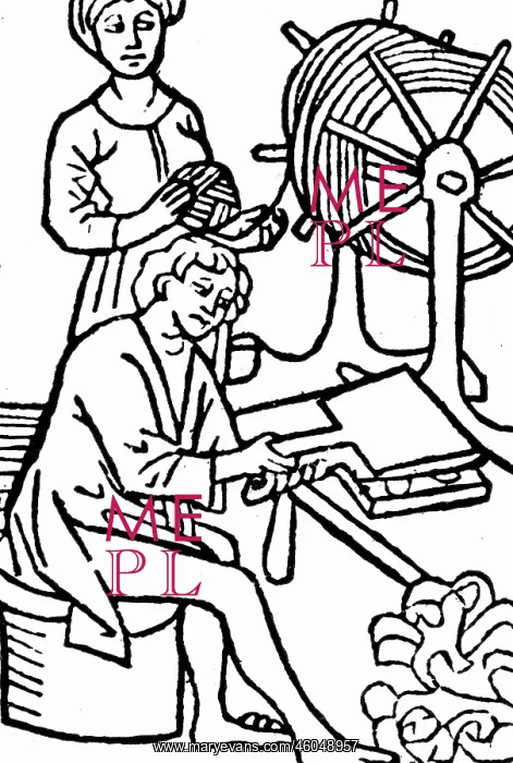 : professions, spinner, yarn making, woodcut, 1479 : professions, spinner, yarn making, woodcut, 1479