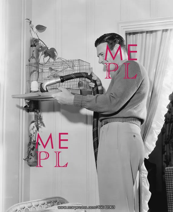 : Profile of a man cleaning a cage with a vacuum cleaner : Profile of a man cleaning a cage with a vacuum cleaner