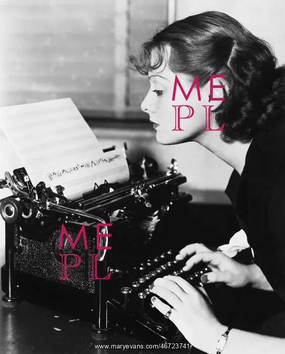 : Profile of a young woman typing musical notes with : Profile of a young woman typing musical notes with