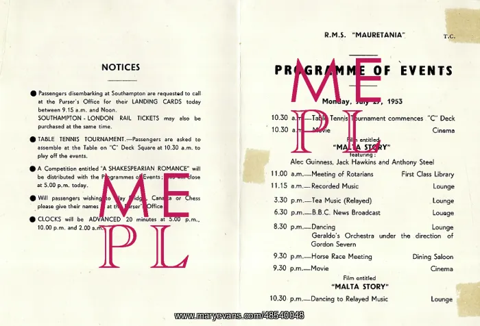 : Programme of Events on board RMS Mauretania : Programme of Events on board RMS Mauretania