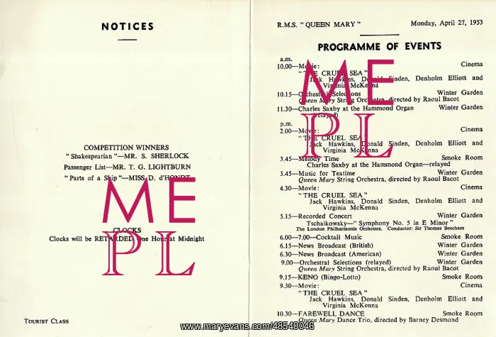 : Programme of Events on board RMS Queen Mary : Programme of Events on board RMS Queen Mary