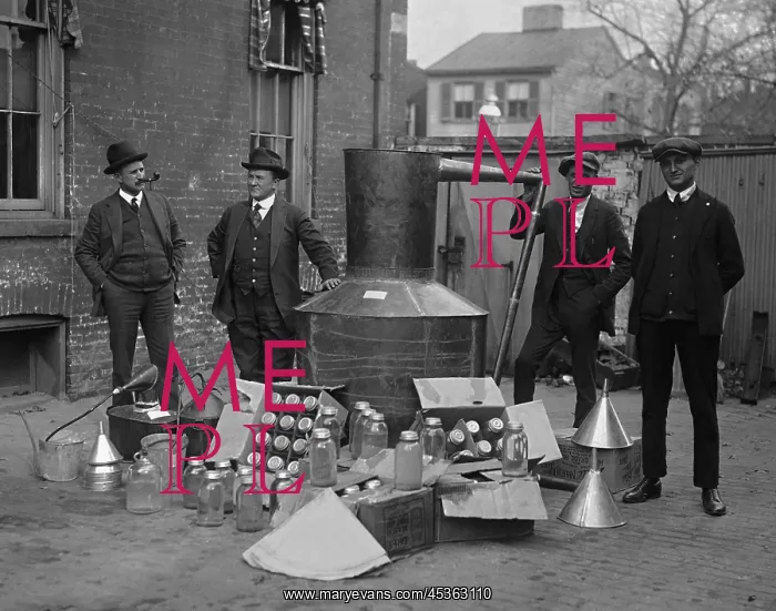 : Prohibition agents stand with a still and mason : Prohibition agents stand with a still and mason