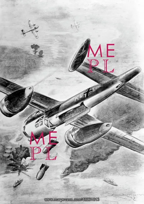 : Propaganda drawing of a German air raid, 1942 : Propaganda drawing of a German air raid, 1942