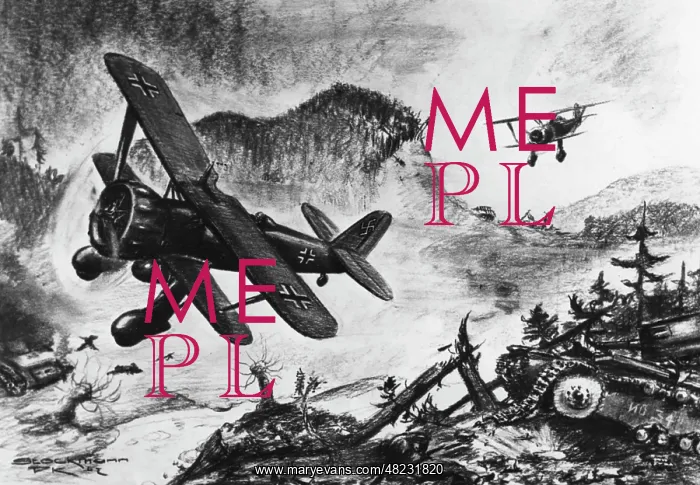 : Propaganda drawing of a German air raid, 1942 : Propaganda drawing of a German air raid, 1942
