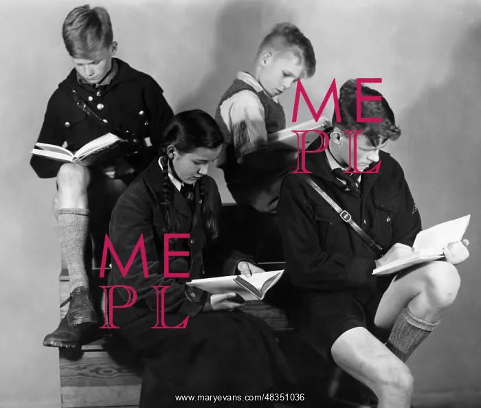 : Propaganda picture with reading children, 1935 : Propaganda picture with reading children, 1935