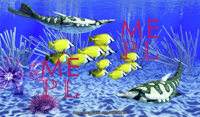 : Pteraspis armored fish hunting a school of foxface : Pteraspis armored fish hunting a school of foxface
