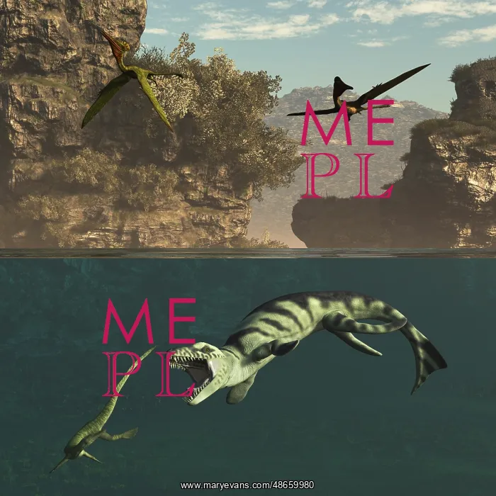 : Pterodactylus flying over a Dakosaurus attacking : Pterodactylus flying over a Dakosaurus attacking
