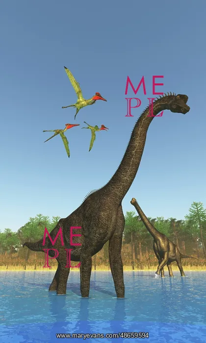 : Three pterosaurs fly over two Brachiosaurus dinosaurs : Three pterosaurs fly over two Brachiosaurus dinosaurs