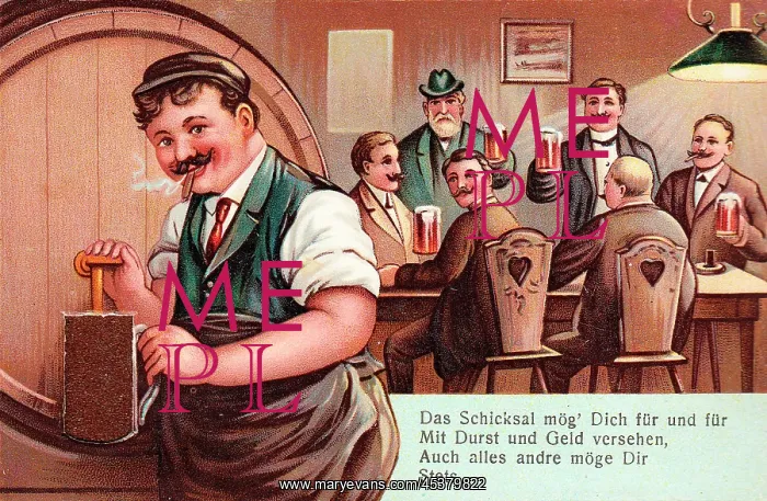 : Pub scene with barrel on a comic German greetings card : Pub scene with barrel on a comic German greetings card