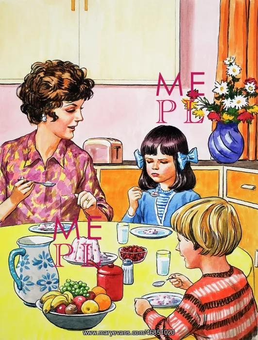 : Pudding. A boy and girl eating blancmange for pudding with their mother : Pudding. A boy and girl eating blancmange for pudding with their mother