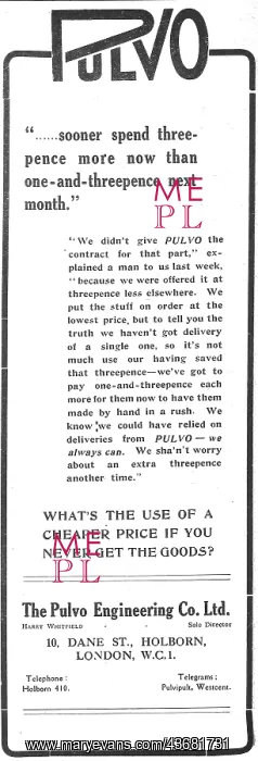 : Pulvo Engineering 1918 Advert : Pulvo Engineering 1918 Advert