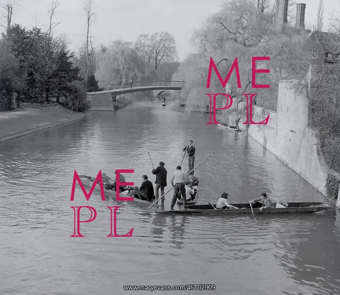 : Punters. Punts on colision course River Cam Cambridge England : Punters. Punts on colision course River Cam Cambridge England