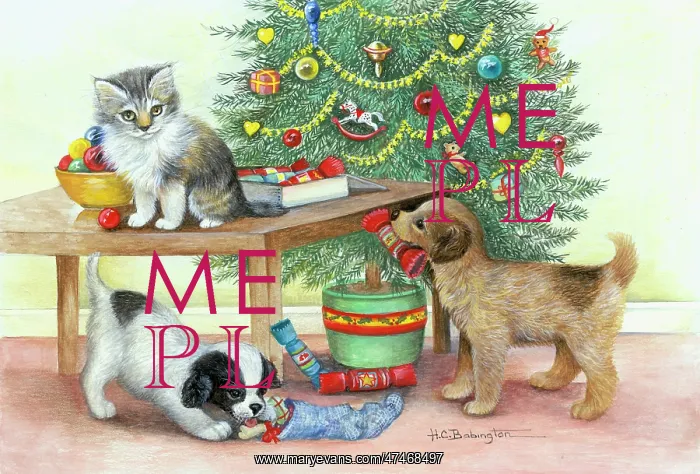  : Puppies and Kitten by Christmas Tree