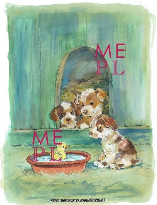 : Three Puppies looking at a duckling : Three Puppies looking at a duckling