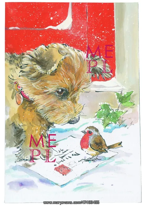 : Puppy and robin with letter in the snow : Puppy and robin with letter in the snow