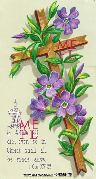 : Purple flowers and a cross on an Easter card : Purple flowers and a cross on an Easter card