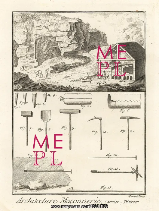 : Quarrymen plasterers and their tools, 18th century : Quarrymen plasterers and their tools, 18th century