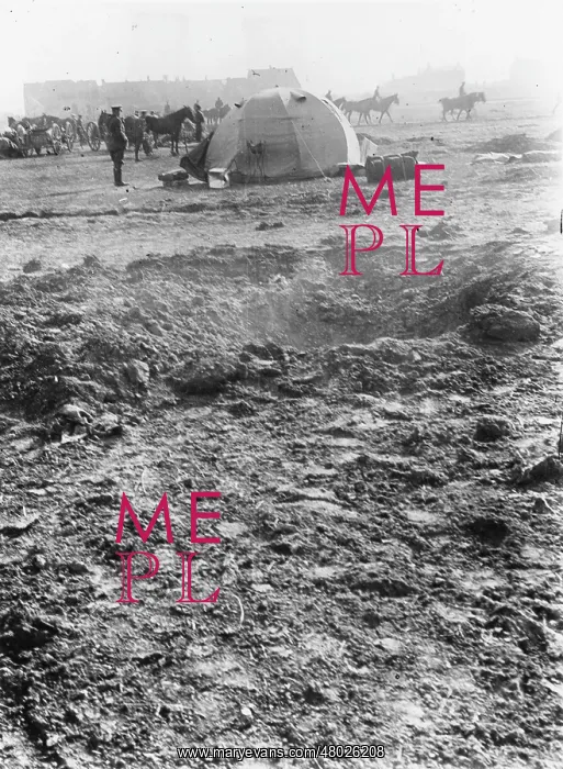 : Quartermaster's tent with shell hole in foreground, WW1 : Quartermaster's tent with shell hole in foreground, WW1