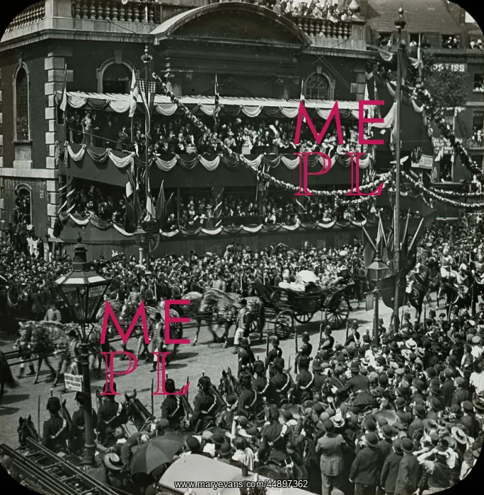 : The Queen. Black and white. A procession centred around a horsedrawn carriage; : The Queen. Black and white. A procession centred around a horsedrawn carriage;