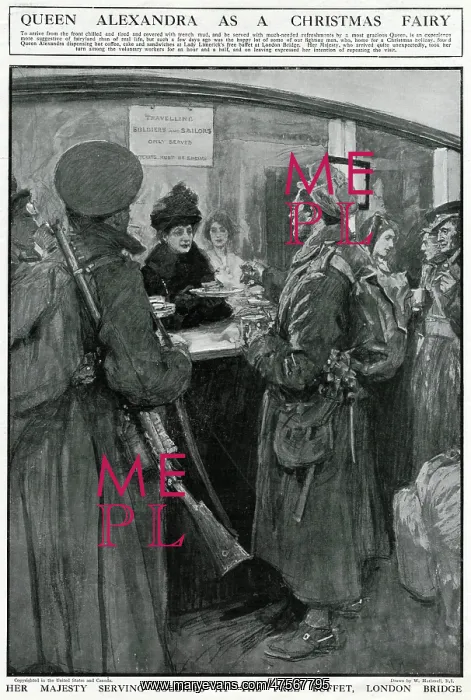 : Queen Alexandra serving at London Bridge buffet, WW1 : Queen Alexandra serving at London Bridge buffet, WW1