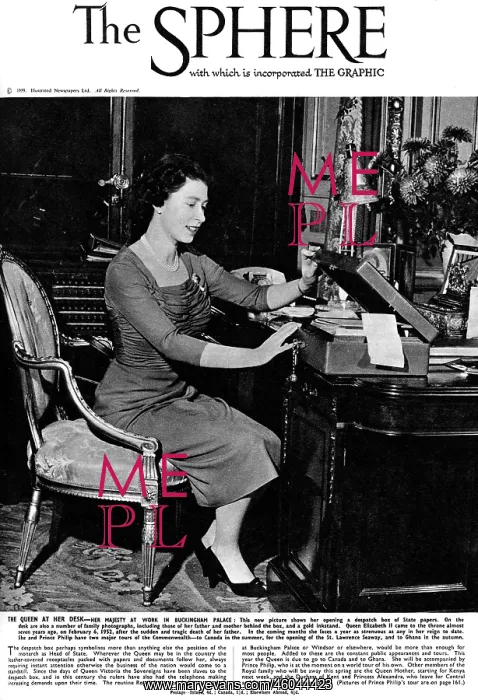 : Queen Elizabeth II at her desk, 1959 : Queen Elizabeth II at her desk, 1959