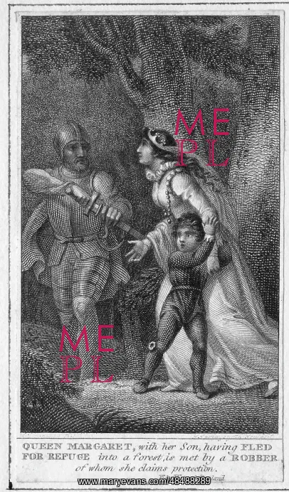 : Queen Margaret of Anjou with son and robber : Queen Margaret of Anjou with son and robber