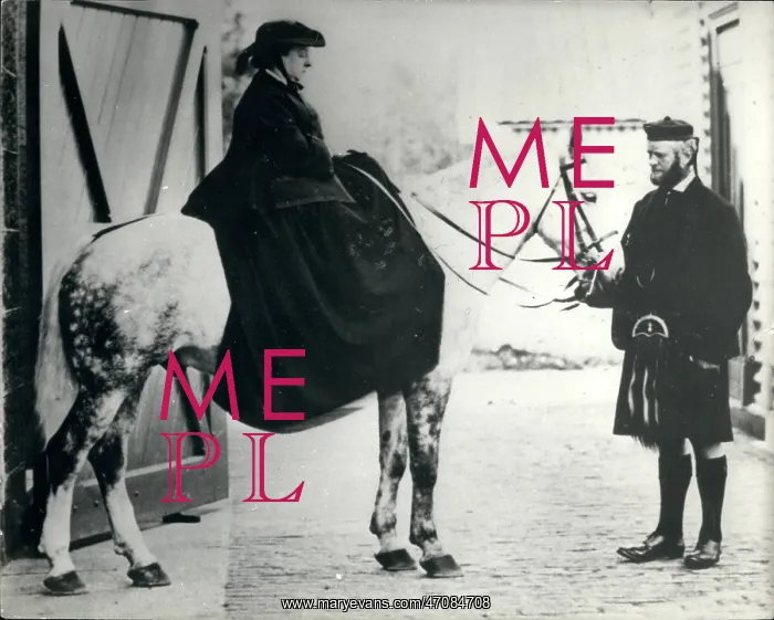 : Queen Victoria on pony, with John Brown on right : Queen Victoria on pony, with John Brown on right