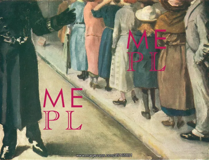 : The Queue. A painting of a man in black uniform standing by a queue of people : The Queue. A painting of a man in black uniform standing by a queue of people