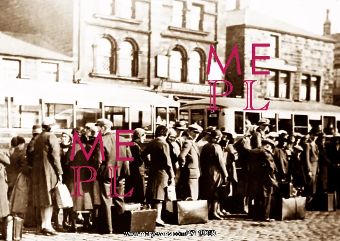: Queue for buses in Burnley, probably Wakes Week : Queue for buses in Burnley, probably Wakes Week