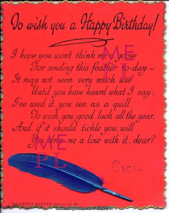  : Quill pen with comic verse on a birthday card