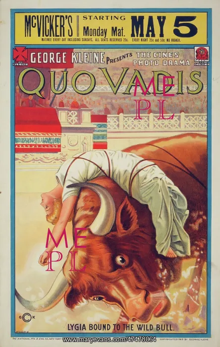 : Quo Vadis. Motion picture poster for Quo Vadis show the character Lygia bound to a bull : Quo Vadis. Motion picture poster for Quo Vadis show the character Lygia bound to a bull