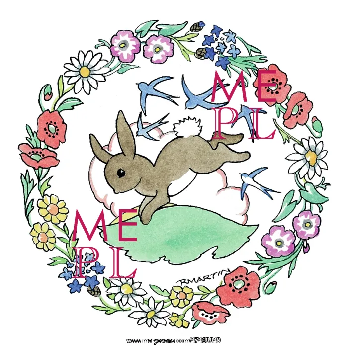 : Rabbit and Blue Birds with summer flowers : Rabbit and Blue Birds with summer flowers