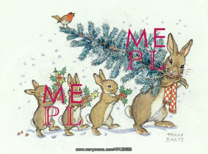 : A rabbit carrying a christmas tree with her three children : A rabbit carrying a christmas tree with her three children