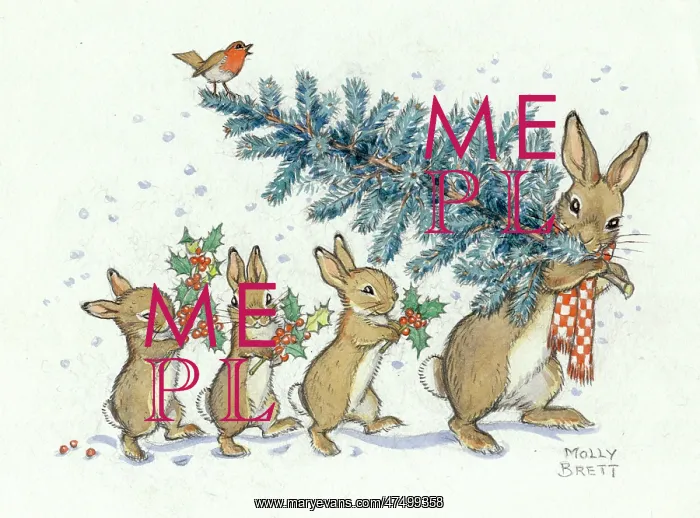 : A rabbit carrying a christmas tree with her three children : A rabbit carrying a christmas tree with her three children
