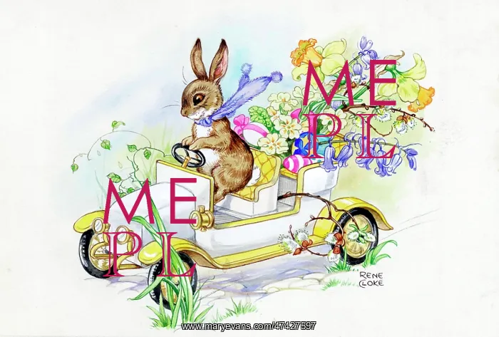  : Rabbit driving vintage car with flowers and Easter eggs