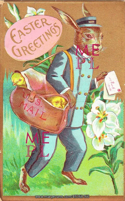 : Rabbit postman delivering chicks on an Easter postcard : Rabbit postman delivering chicks on an Easter postcard