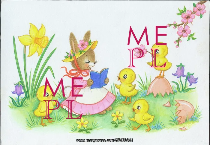  : Rabbit reading book to four chicks