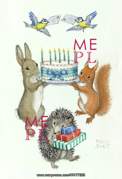 : Rabbit and squirrel holding birthday cake : Rabbit and squirrel holding birthday cake