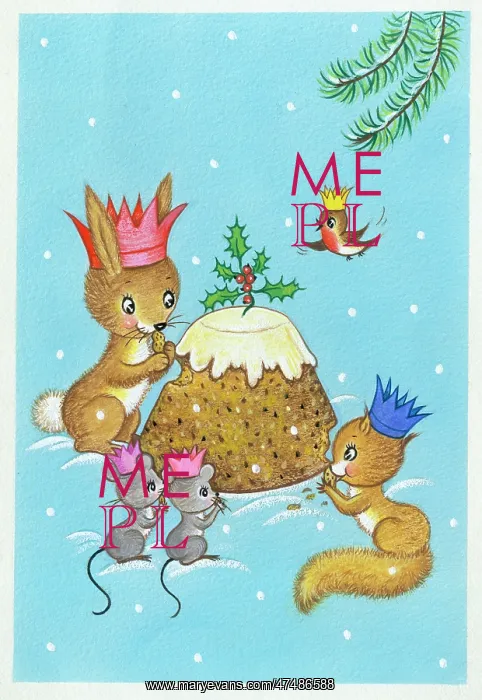  : Rabbit, squirrel, two mice and robin with Christmas Pudding