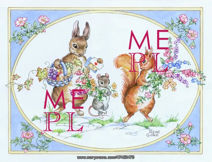 : Rabbit, squirrel and mouse with fruit, flowers and cards : Rabbit, squirrel and mouse with fruit, flowers and cards