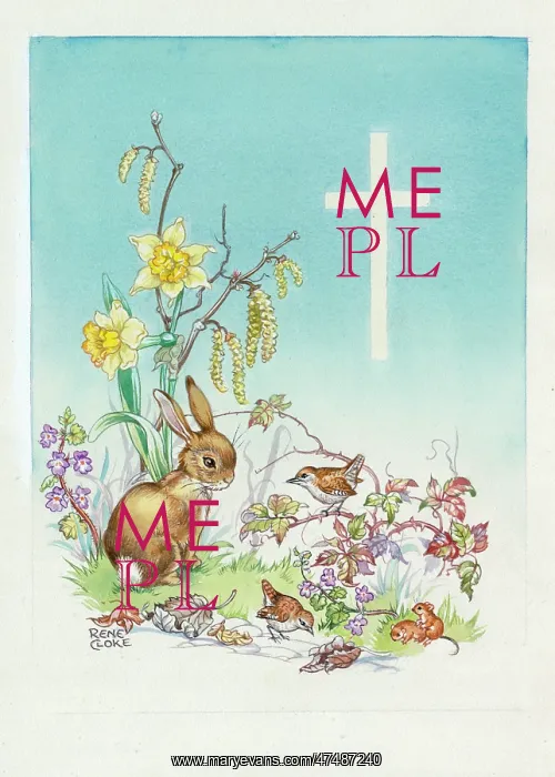 : Rabbit, wrens, daffodils and cross - with two dormice, bramb : Rabbit, wrens, daffodils and cross - with two dormice, bramb