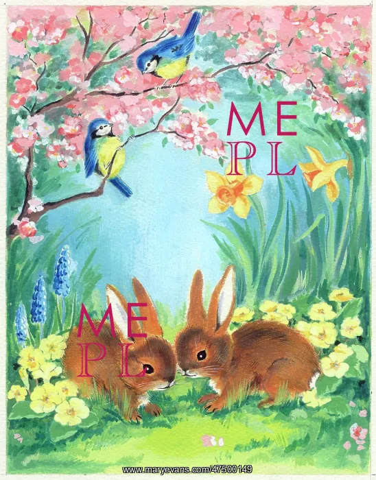 : Rabbits and Blue Tits with spring flowers : Rabbits and Blue Tits with spring flowers