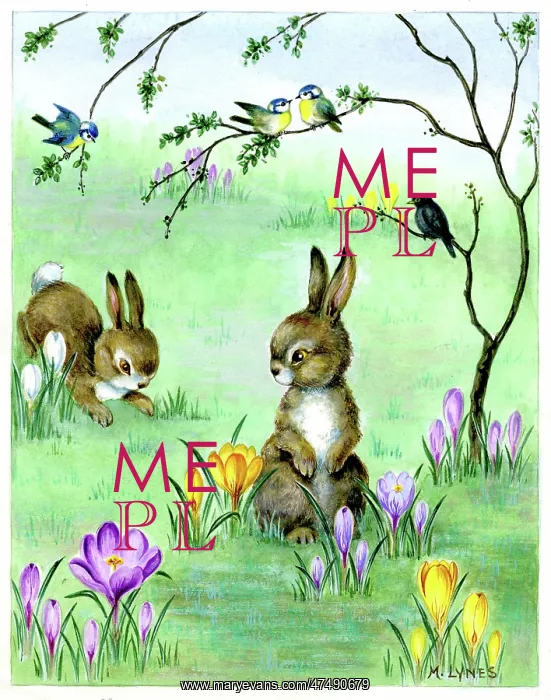 : Rabbits with crocuses and blue tits : Rabbits with crocuses and blue tits
