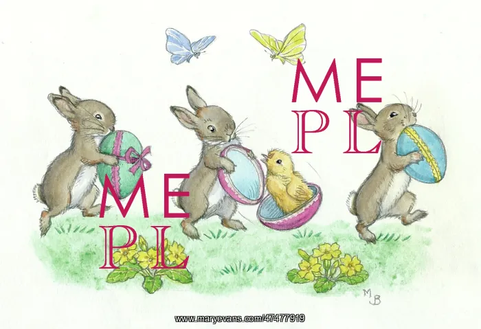  : Three rabbits with easter eggs, butterflies etc