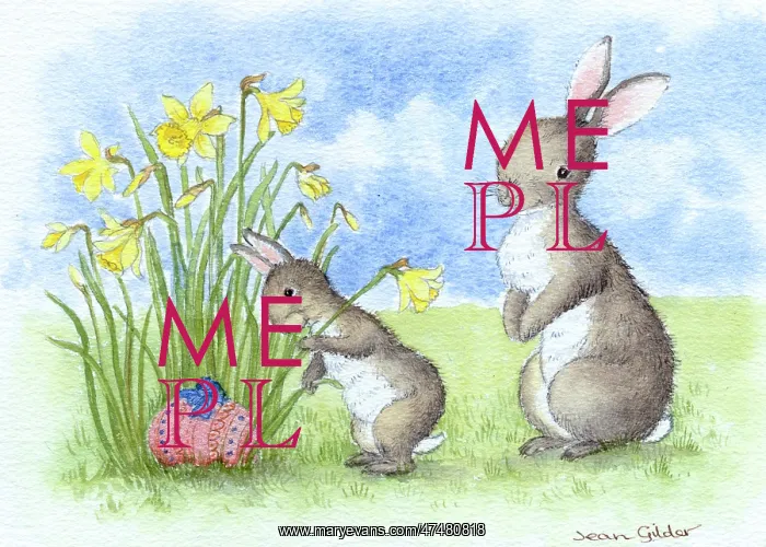 : Two rabbits finding an Easter Egg in daffodils : Two rabbits finding an Easter Egg in daffodils