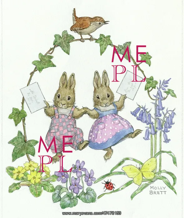 : Two rabbits holding letters, with wren on ivy : Two rabbits holding letters, with wren on ivy