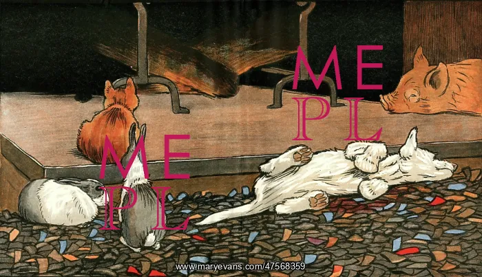 : The rabbits join the other animals by the fire : The rabbits join the other animals by the fire