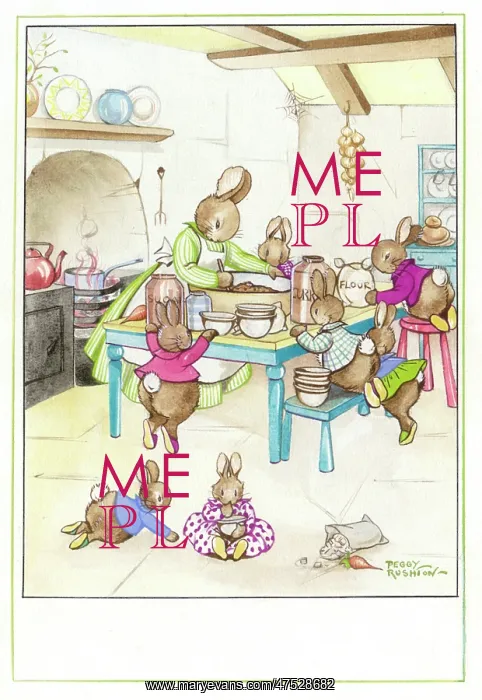 : Rabbits mixing a plum pudding : Rabbits mixing a plum pudding