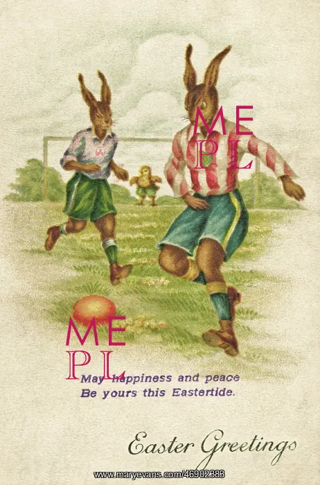 : Rabbits playing football on an Easter postcard : Rabbits playing football on an Easter postcard